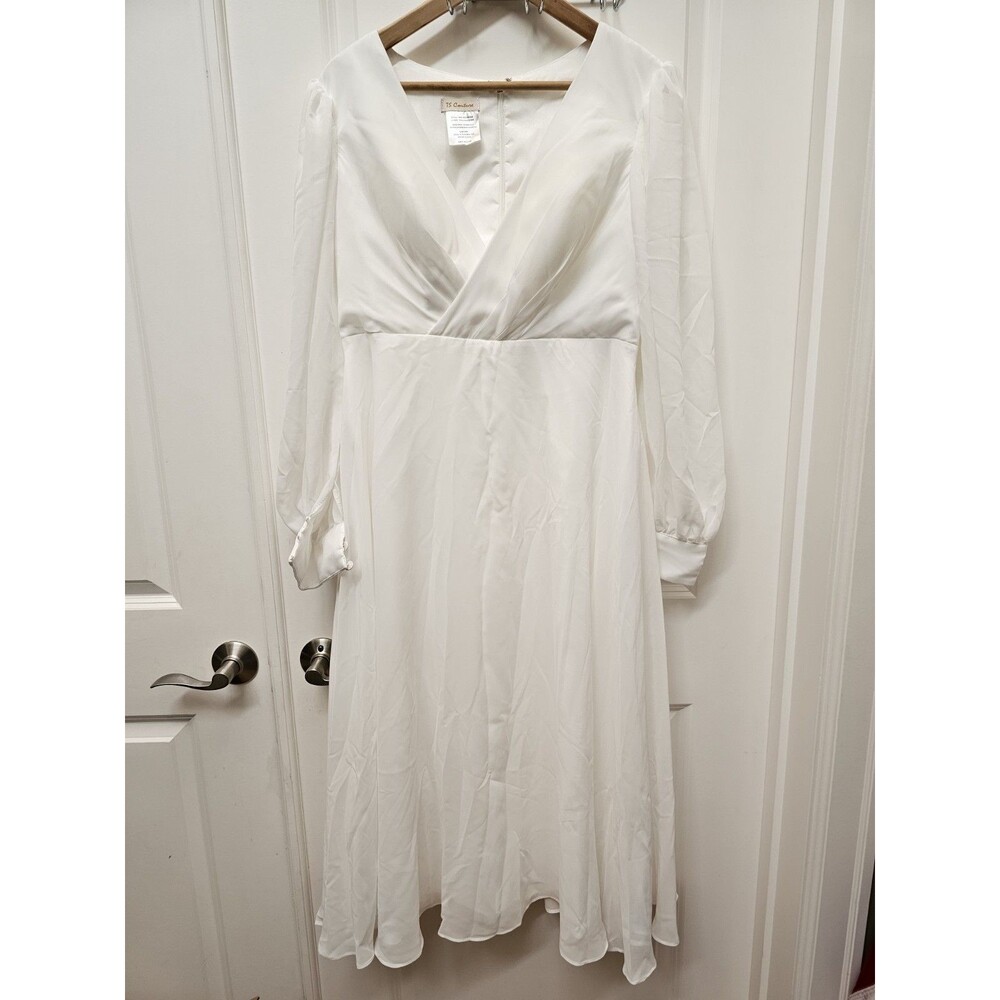 ​TS Couture White Long Sleeve V-Neck Midi Dress Bridal Rehearsal Dinner Women's